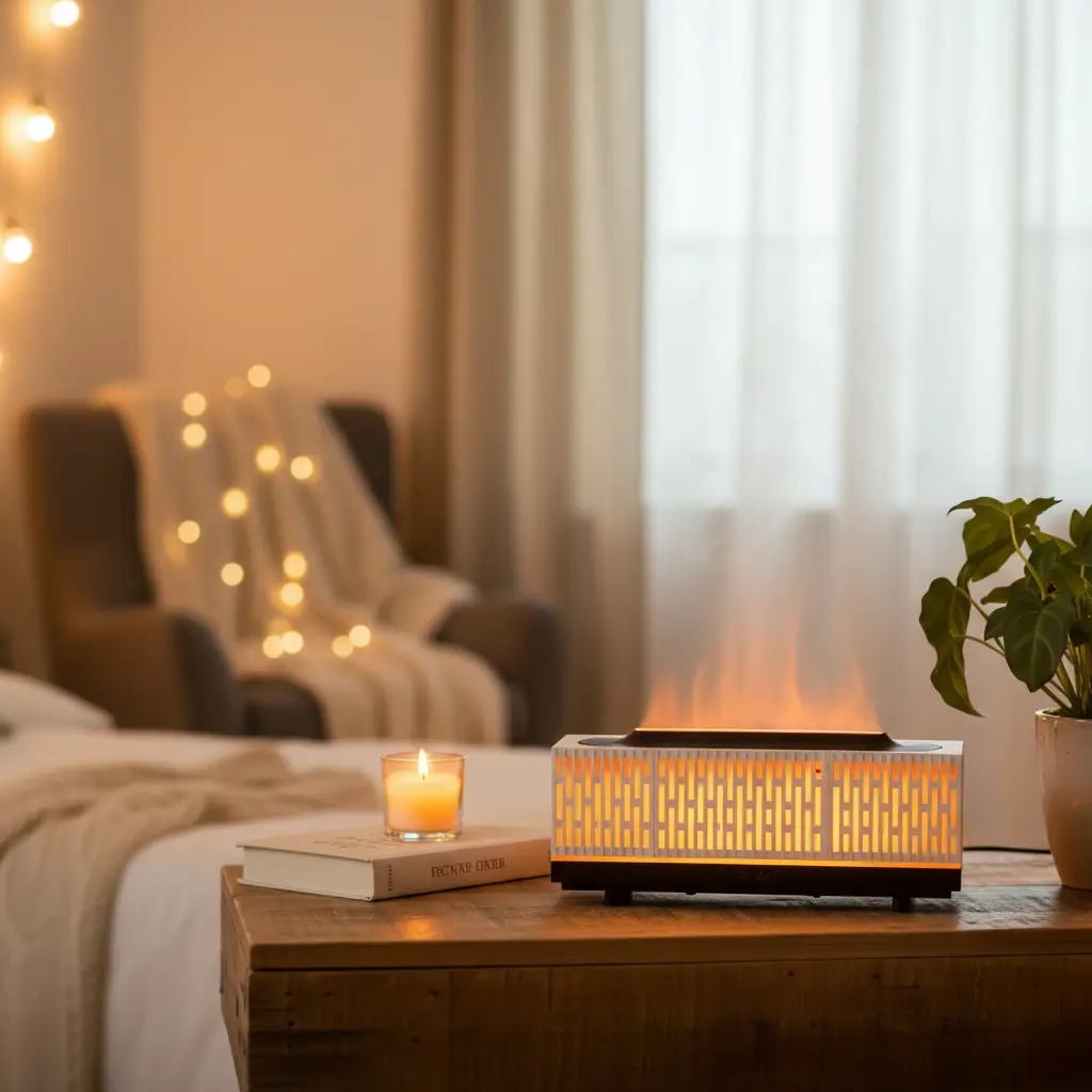 White Striped 3D Flame Humidifier Aromatherapy Diffuser 200ml LED Remote 25x8x9cm Home & Garden Humidifiers