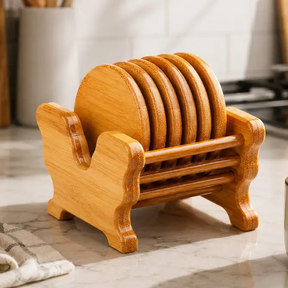 Coaster Set - 6-Piece Round Bamboo with Decorative Holder Stand Natural Kitchen & Dining Coasters