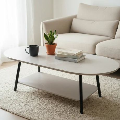 Oval Marble-Effect Coffee Table with Black Metal Legs Coffee Table Coffee Tables