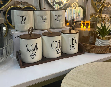 3 Piece Ceramic Canister Set with Airtight Lids and Bamboo Tray