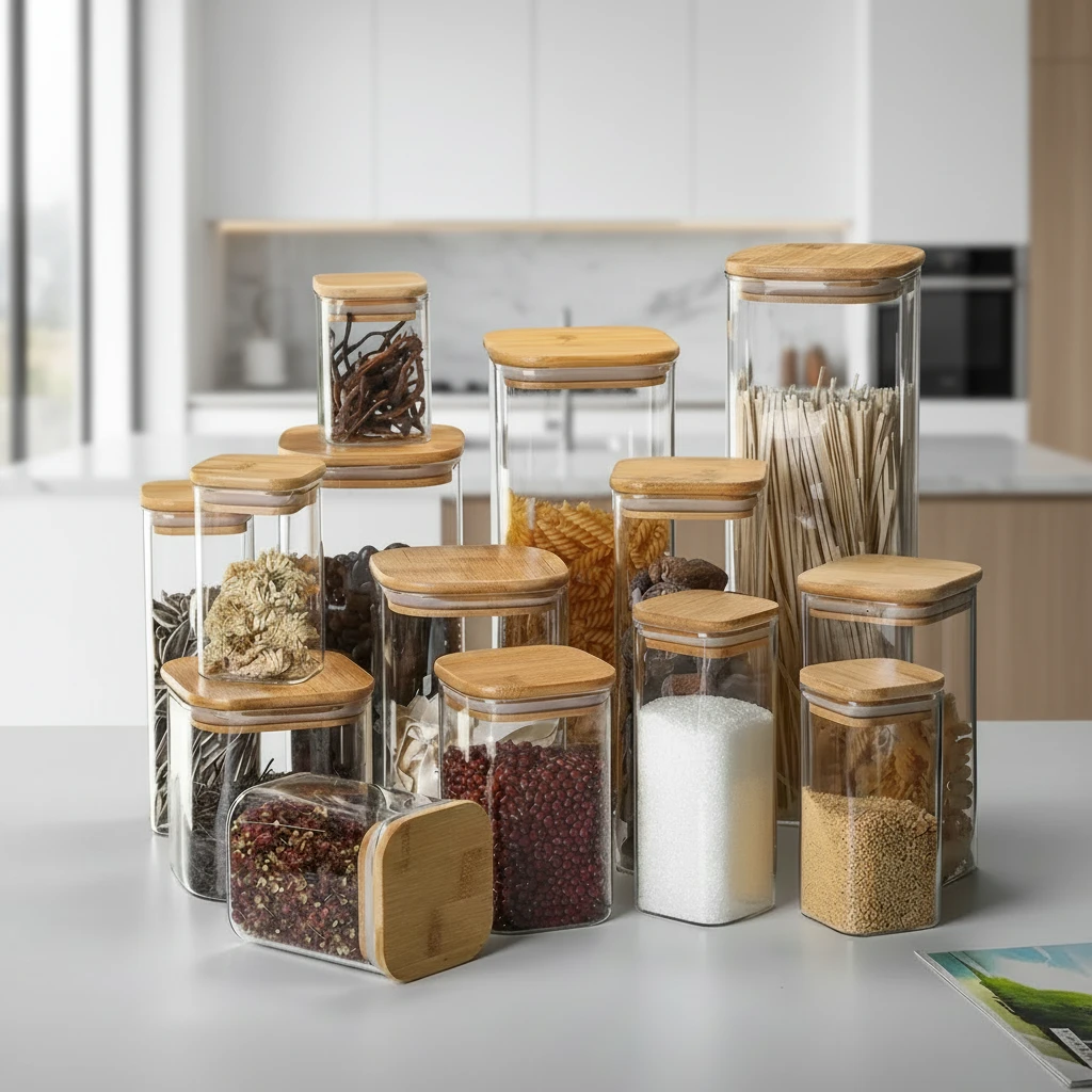 Square Glass Storage Jars Bamboo Lids Airtight For Pantry food storage Food Storage Containers