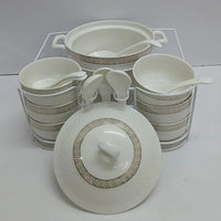 15 Piece White Ceramic Soup Set with Metallic Holder Serveware
