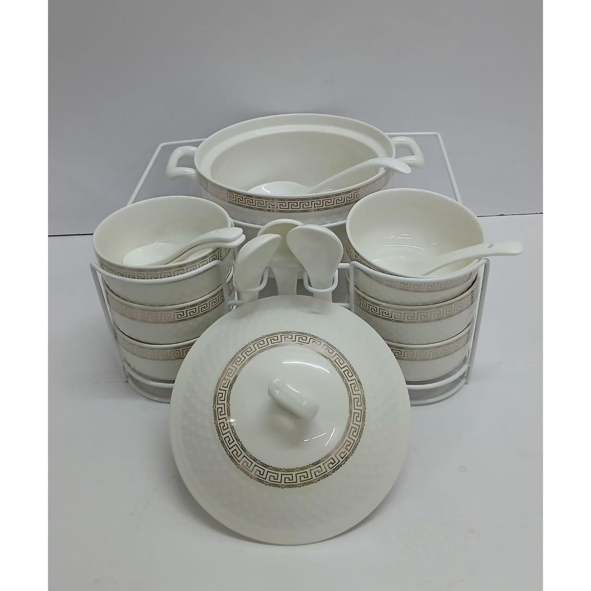 15 Piece White Ceramic Soup Set with Metallic Holder