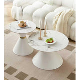 2 in 1 Modern Marble Round Coffee Table Set – White Glossy Top with Matching White Base