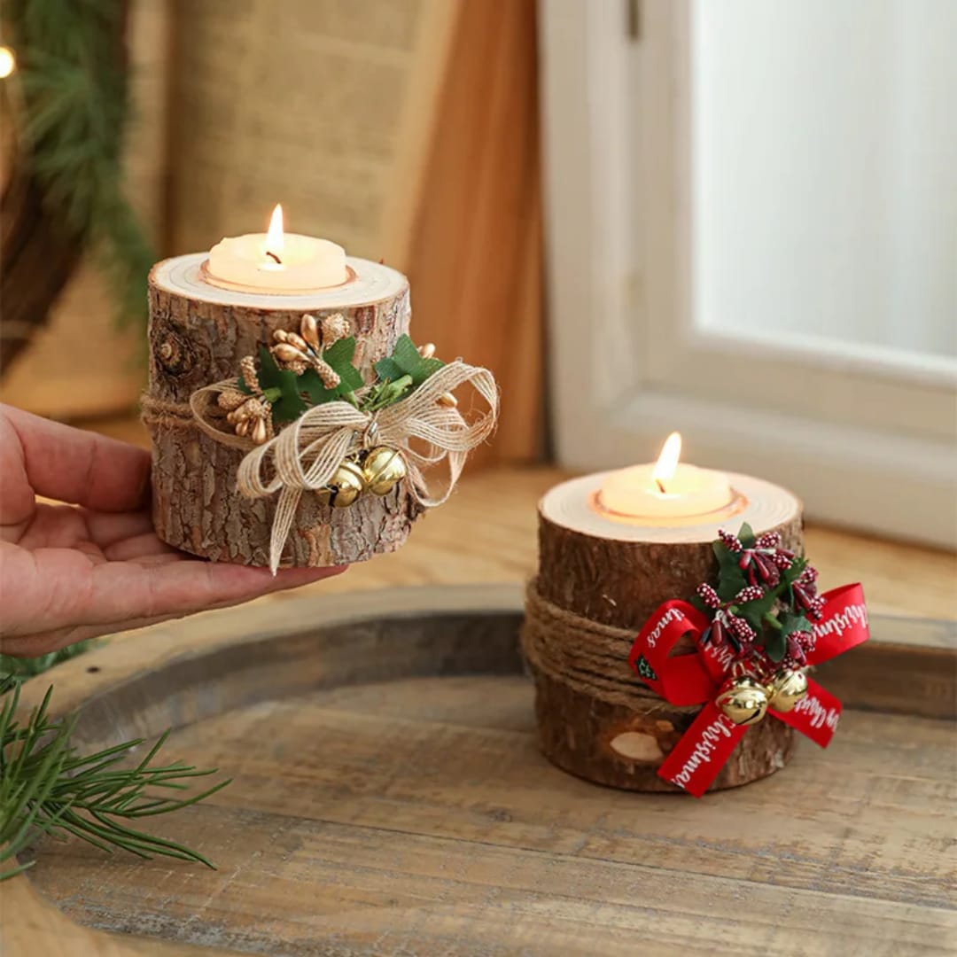 Christmas Wooden Candle Holder – Flameless LED Candelabra with Fragrance Cups Rustic Holiday Centerpiece