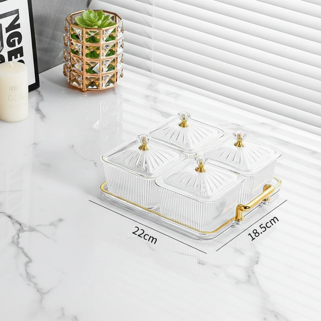 5pcs Dessert Snack Set with Bamboo Tray – Acrylic Square Serving Bowls for Snacks, Fruits, and Parties households Serving Platters