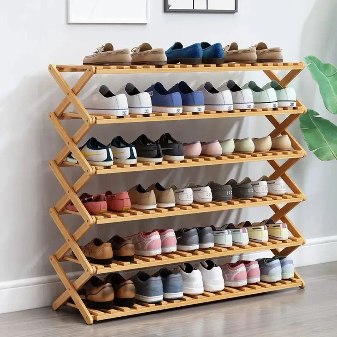 6-Tier Foldable Bamboo Shoe Rack – Portable Multi-Use Storage Shelf (100×113×25cm)