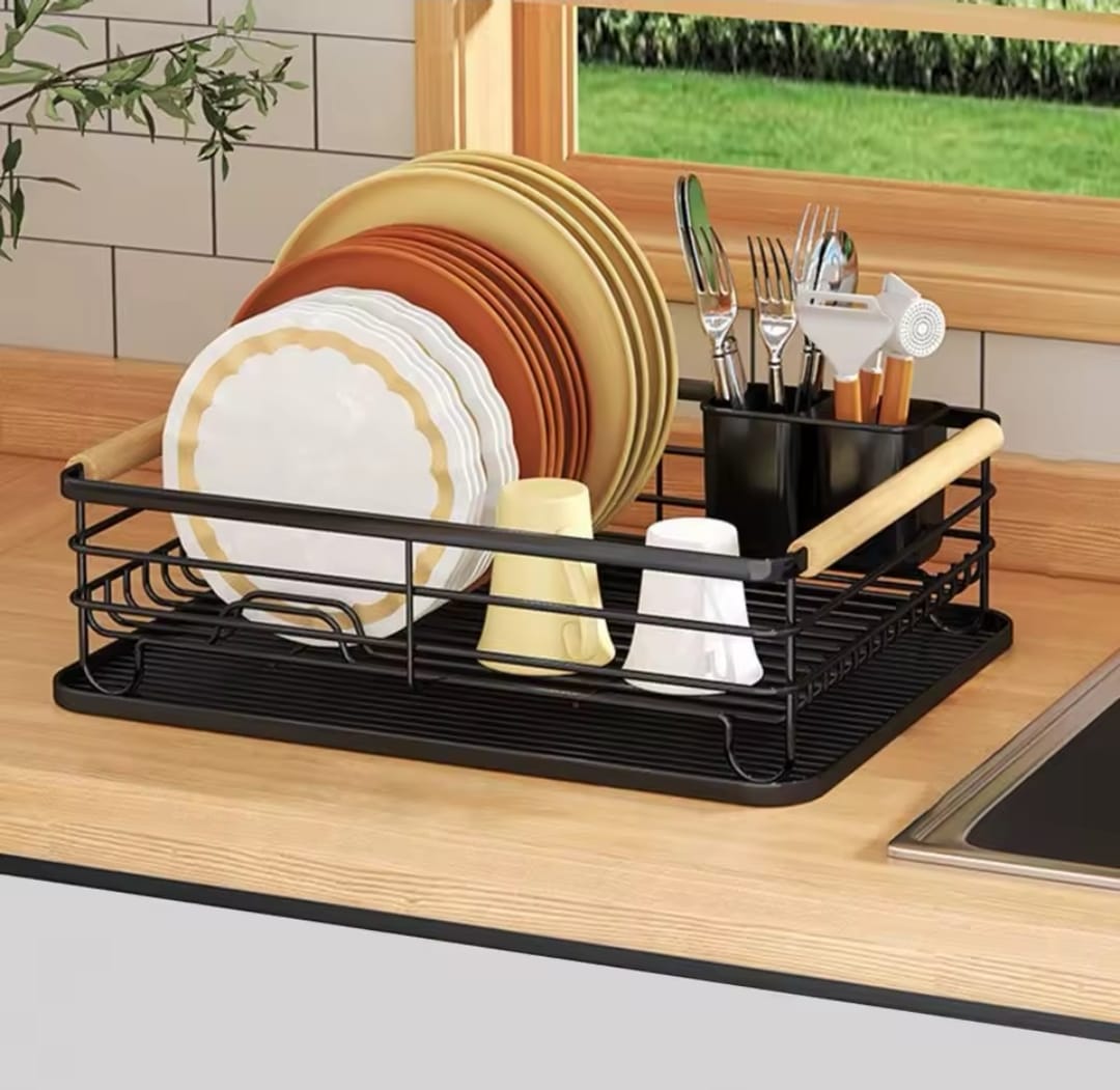 Single Layer Carbon Steel Dish Rack with Bamboo Handle – Compact 43×32×14.5cm Drying Organizer