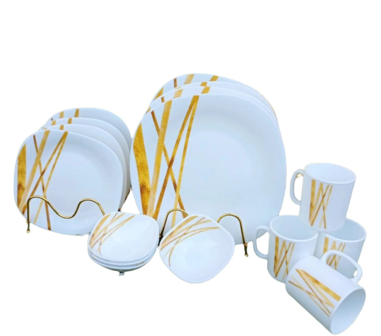 Signature 39 Piece Quadra Dinner Set | Elegant Golden Shades Porcelain | Complete Formal Dining Set