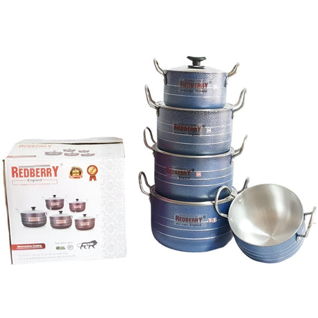 5 Piece Antique Blue Casserole Set with Lids | Stainless Steel Core | Sizes 20-28 cm | Elegant Cookware Set- Furaha Finds Kenya
