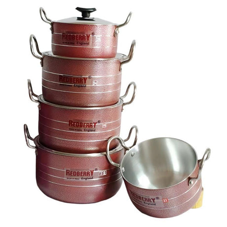 5 Piece Antique Red Stainless Steel Casserole Set with Lids | Durable Cookware Set | Sizes 20-28 cm- Furaha Finds Kenya