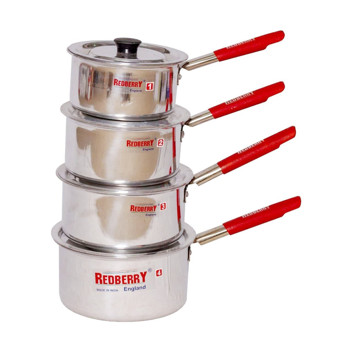 Redberry 4 Piece Stainless Steel Pot Set with Lids | Non Slip Red Ergonomic Handles & Clear Lids | Versatile Cookware
