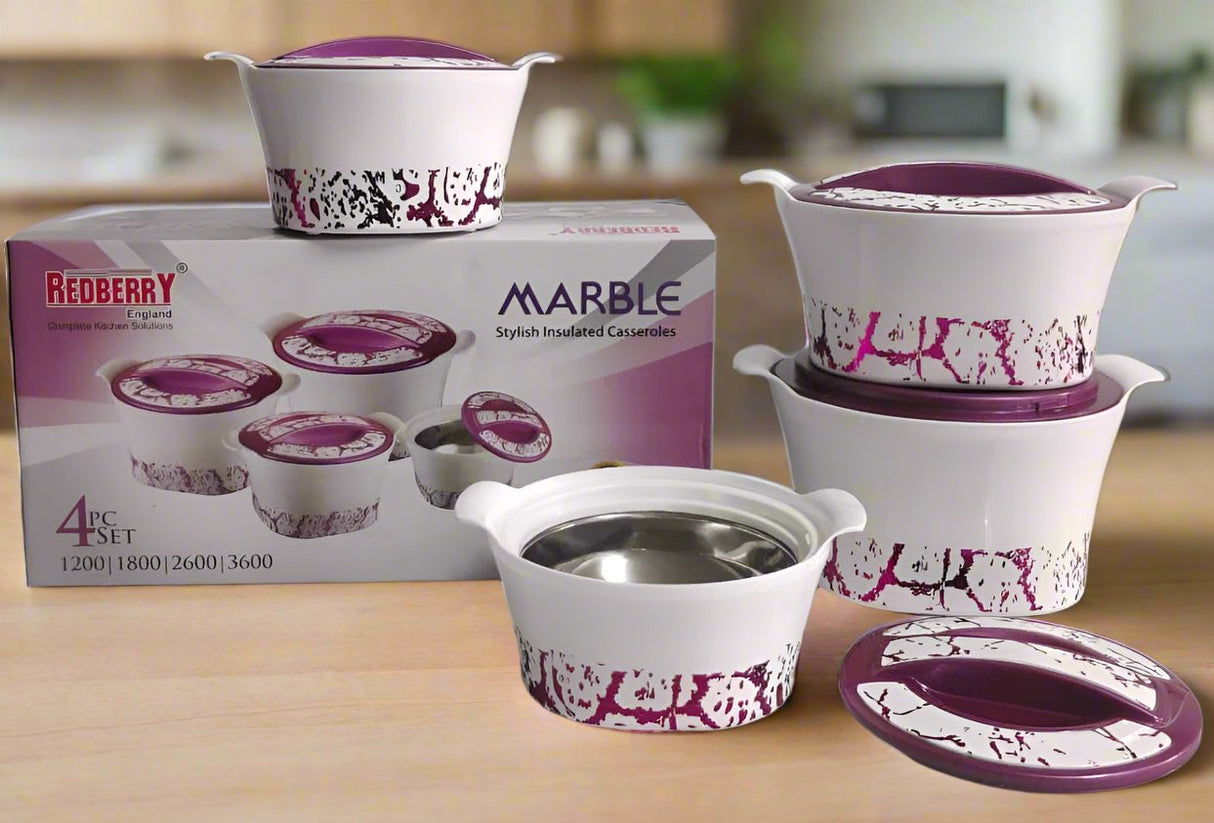 Redberry Plastic Designer Hotpot Set "Marble" | 4 piece Insulated Serving Set | 1200ml to 3600ml