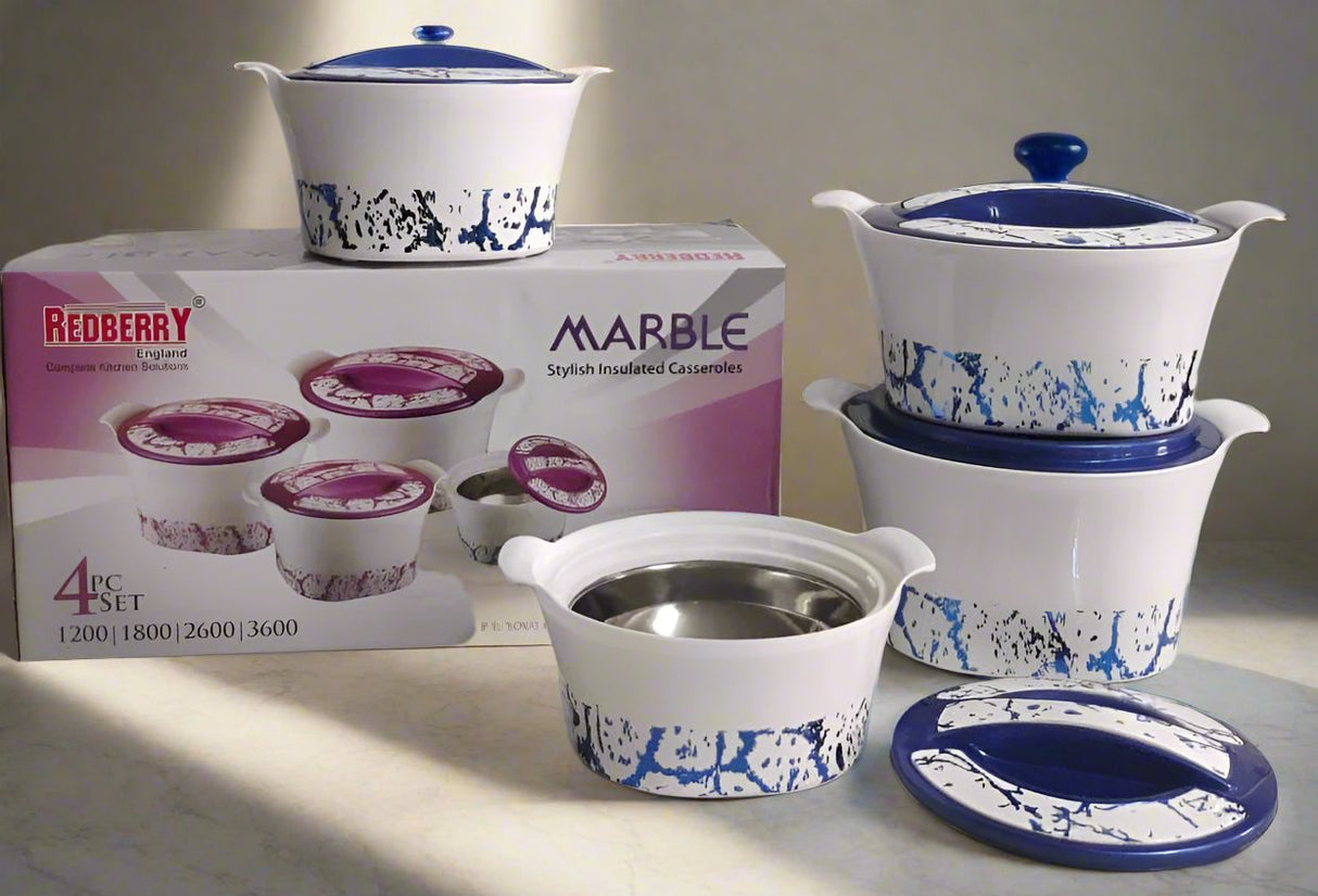 Redberry Plastic Designer Hotpot Set "Marble" | 4 piece Insulated Serving Set | 1200ml to 3600ml