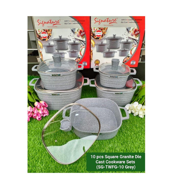 Signature 10 Piece Nonstick Square Granite Die Cast Cookware Set | Premium NonStick Pots and Pans | Scratch-Resistant, Durable, and Even Heat Distribution- Furaha Finds Kenya