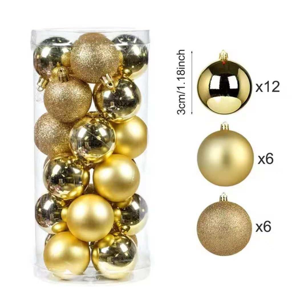 24pcs Christmas Décor Balls Set 3cm – Gold, Silver, and Red Ornaments