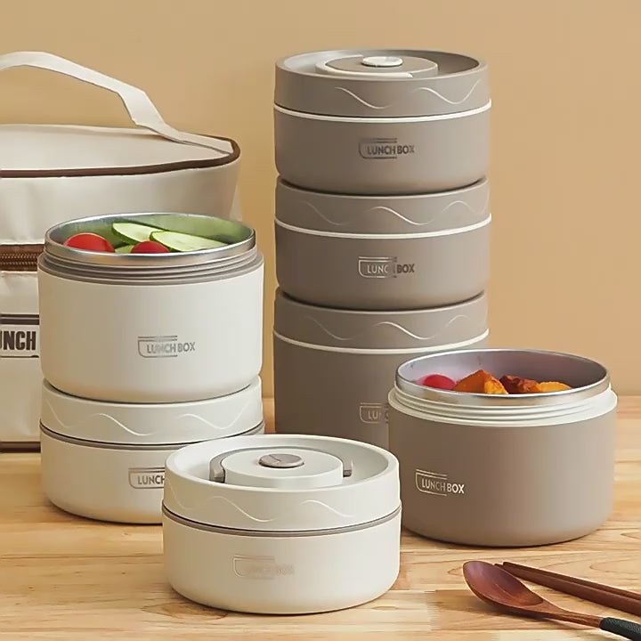 4 in 1 Insulated Lunch Set (2 Lunch Boxes + 1 Lunch Bag) | Stainless Steel Lunch Box Microwave Oven Circular Portable Minimalist Lunch Bo
