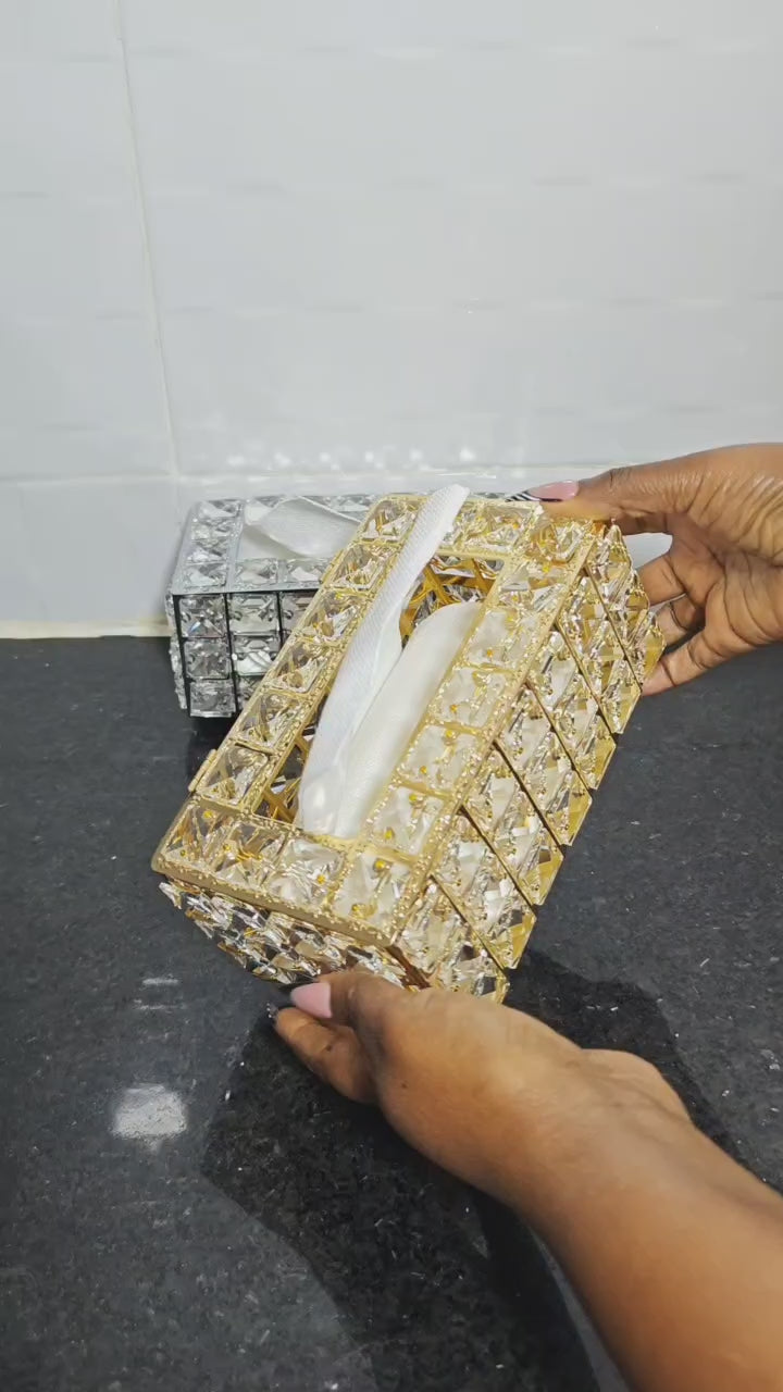 Luxury Crystal Tissue Box Holder – Gold & Silver | Elegant Serviette Organizer