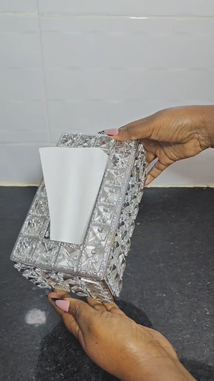 Luxury Crystal Tissue Box Holder – Gold & Silver | Elegant Serviette Organizer