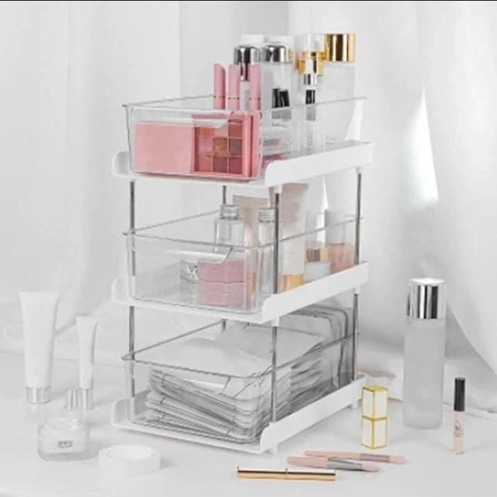 3-Layer Multifunctional Storage Rack – White Organizer with Clear Acrylic Trays and Metal Stand house storage caddies Household Storage Caddies
