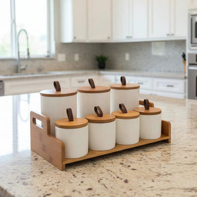 7-Piece Ceramic Canisters Set with Bamboo Stand – 500ml & 300ml Kitchen Storage Jars food storage containers Food Storage Containers