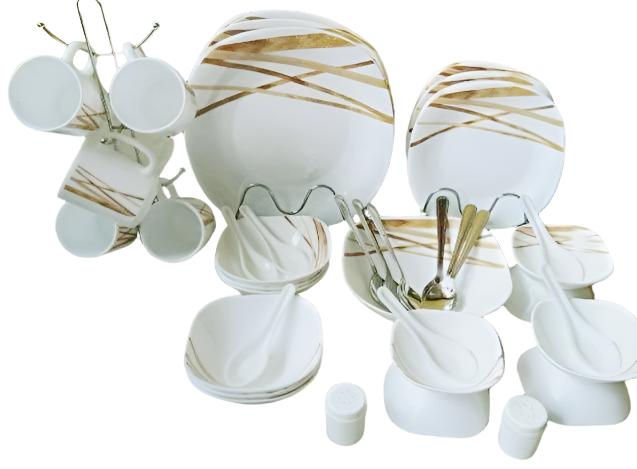 Signature 39 Piece Quadra Dinner Set | Elegant Golden Shades Porcelain | Complete Formal Dining Set