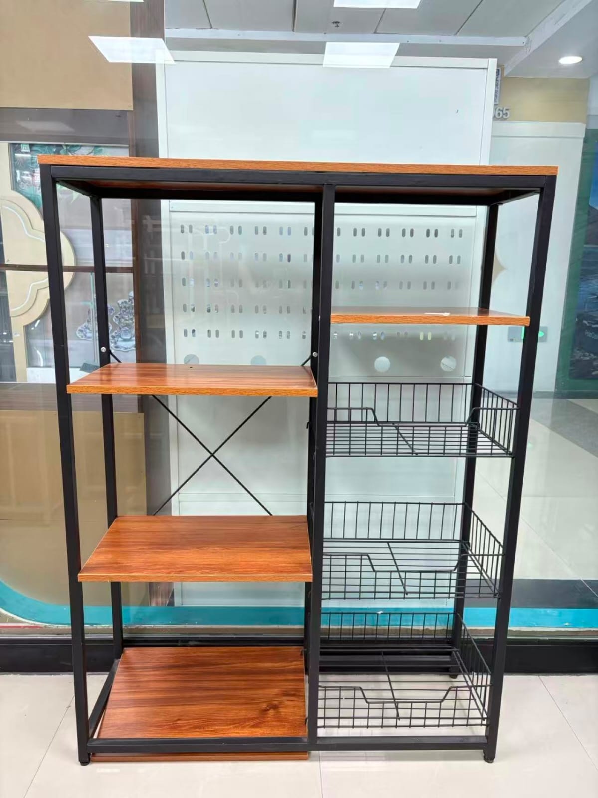 Multipurpose Kitchen and Office Cabinet – 90×30×122cm Wood and Metal Storage Rack Unit