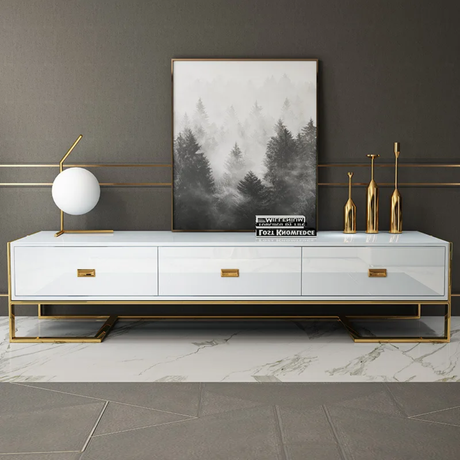 Modern Black Glass TV Stand with Gold Frame and 3Storage Drawers