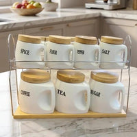 Luxury Ceramic Canister Set With Bamboo Lids And Chrome Tray 8 Piece Kitchen & Dining Food Storage Containers