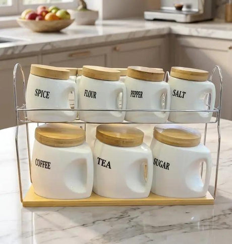 Luxury Ceramic Canister Set With Bamboo Lids And Chrome Tray 8 Piece Kitchen & Dining Food Storage Containers