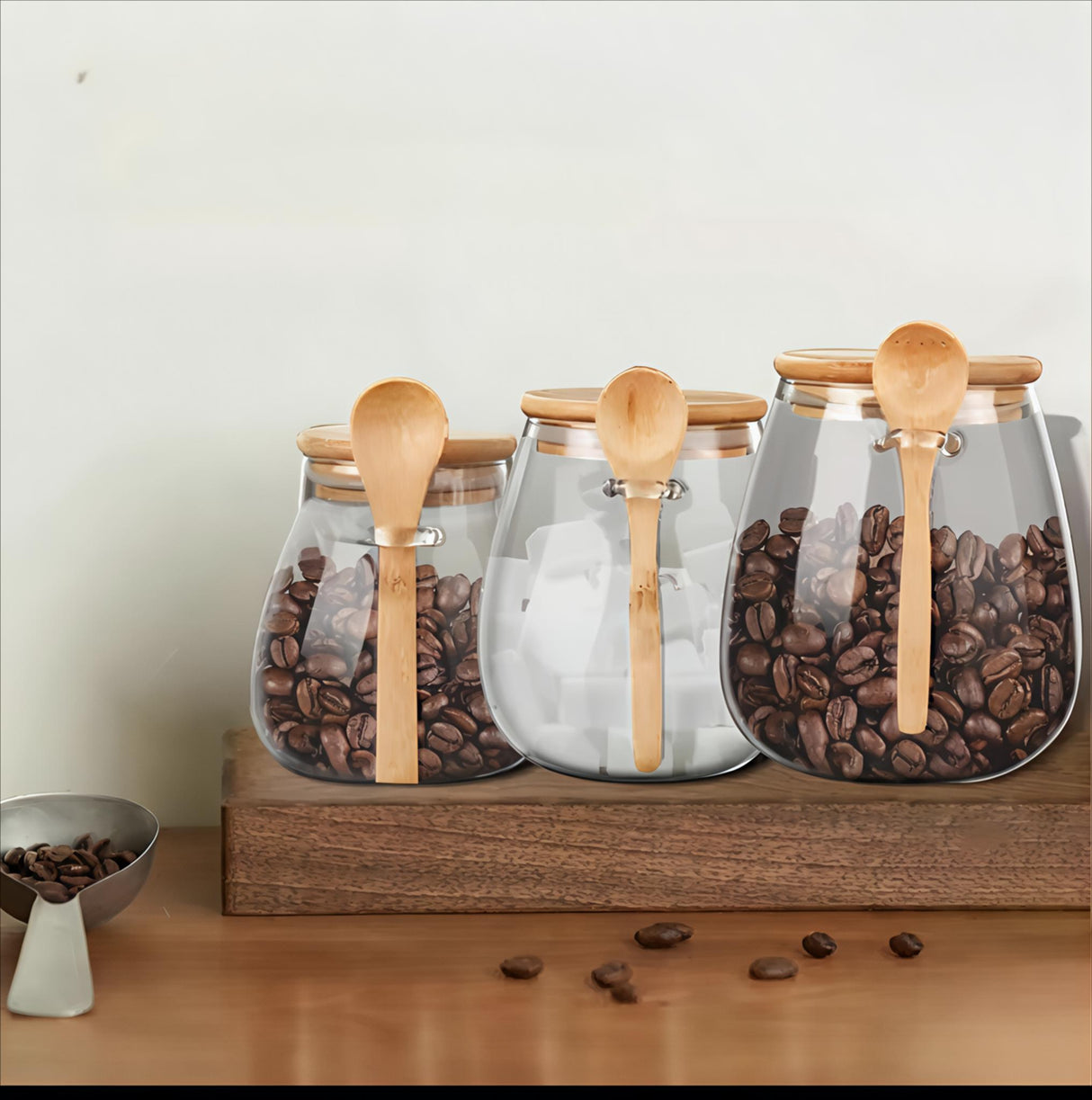 Glass Storage Canisters with Bamboo Spoon & Airtight Lid