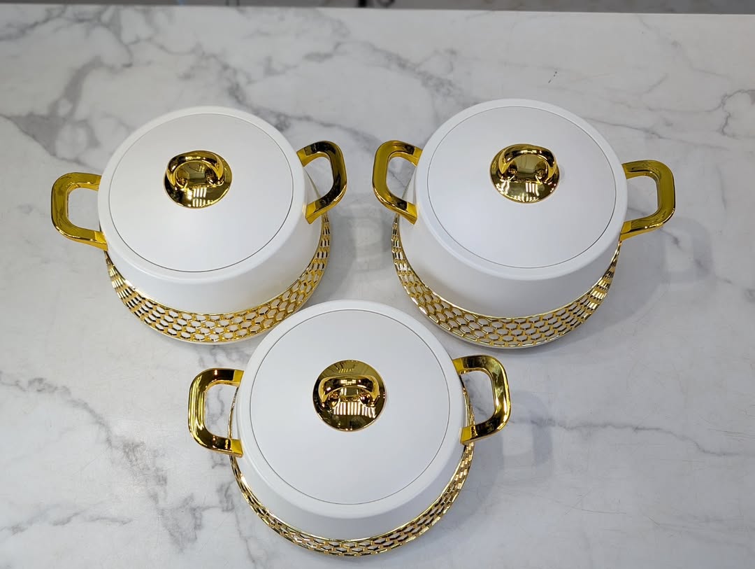 Premium Stainless Steel Gold Food Warmers Casserole Set – 3pcs Luxury Hotpots (2L, 2.5L, 3L)