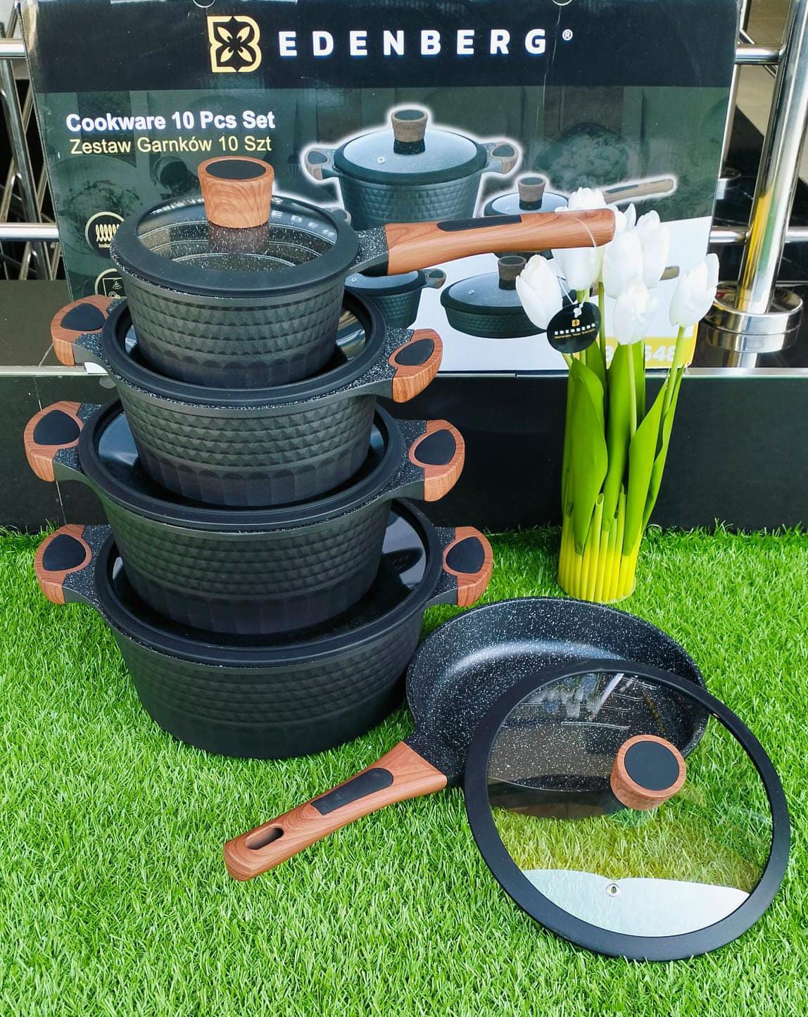 12pcs Jungle Green Edenburg Nonstick Cookware Set with Induction Bottom