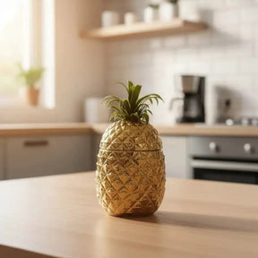 Gold Pineapple Canister with Green Leaf Lid Decor