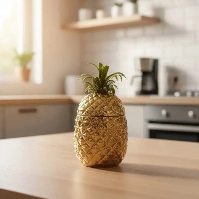 Gold Pineapple Canister with Green Leaf Lid Decor