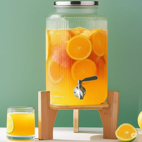 6L Ribbed Glass Juice Dispenser with Bamboo Stand for Parties, Events, and Home Entertaining- Furaha Finds Kenya