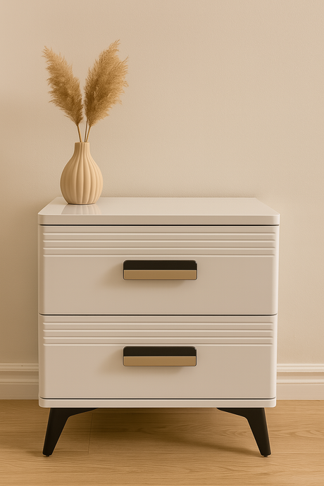 Modern White 2-Drawer Bedside Cabinet with Black Legs and Metal Handles