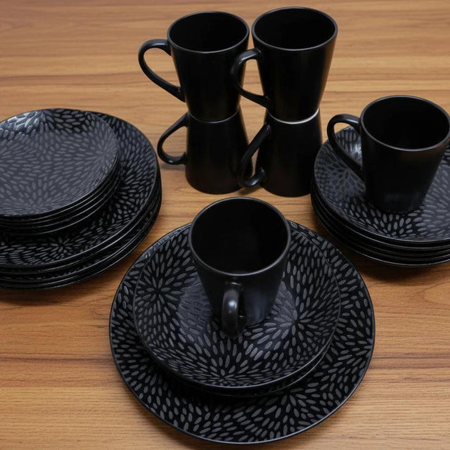 24-Piece Black Dinner Set – Cups, Bowls, Side Plates & Dinner Plates