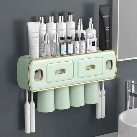 Wall Mounted Self Adhesive Toothpaste & Toothbrush Holder 4 Magnetic Cups with Double Squeezer | Bathroom Organizer