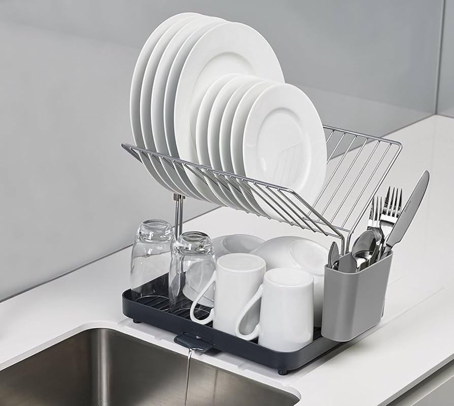 A-565 2 Tier Self-Draining Dish Drainer Rack with Storage Sections