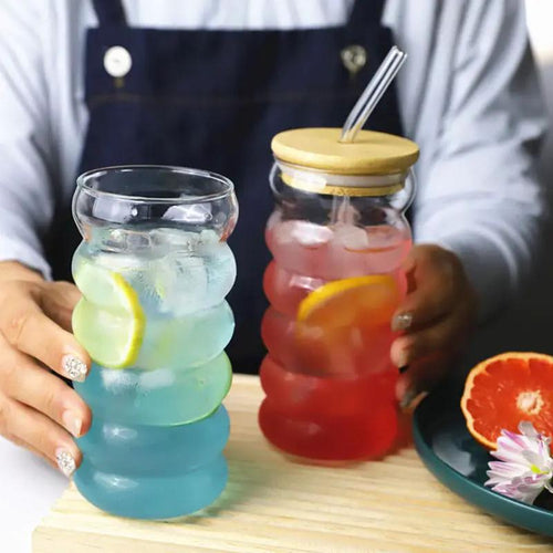 Ripple Wave Glass Cup with Bamboo Lid(1 Pc) Glass cup Mugs