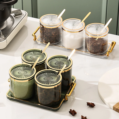 Luxury Acrylic Seasoning Set | Includes 4 Jars, Tray, and Spoons | Gold, Clear, Black- Furaha Finds Kenya