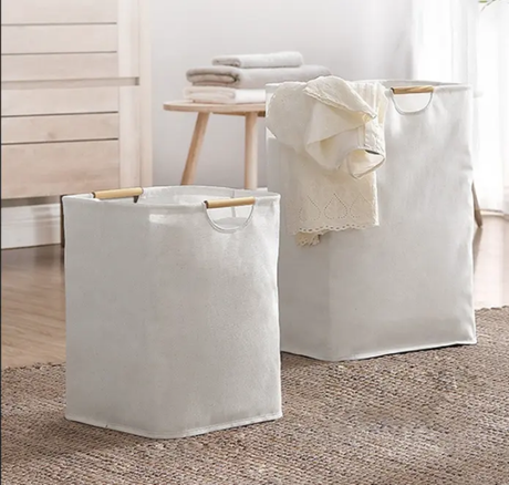 Large Capacity Laundry Hamper with Bamboo Handles Foldable Design.