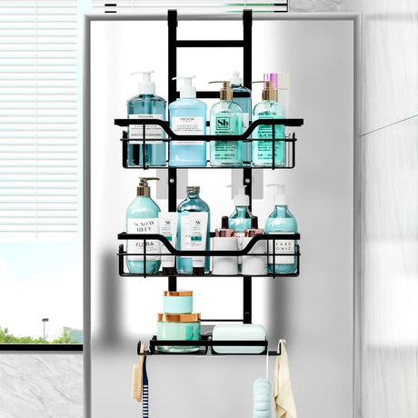 Drill-Free Over-Door Bathroom Shelf Organizer with Wall-Mounted Basket Racks
