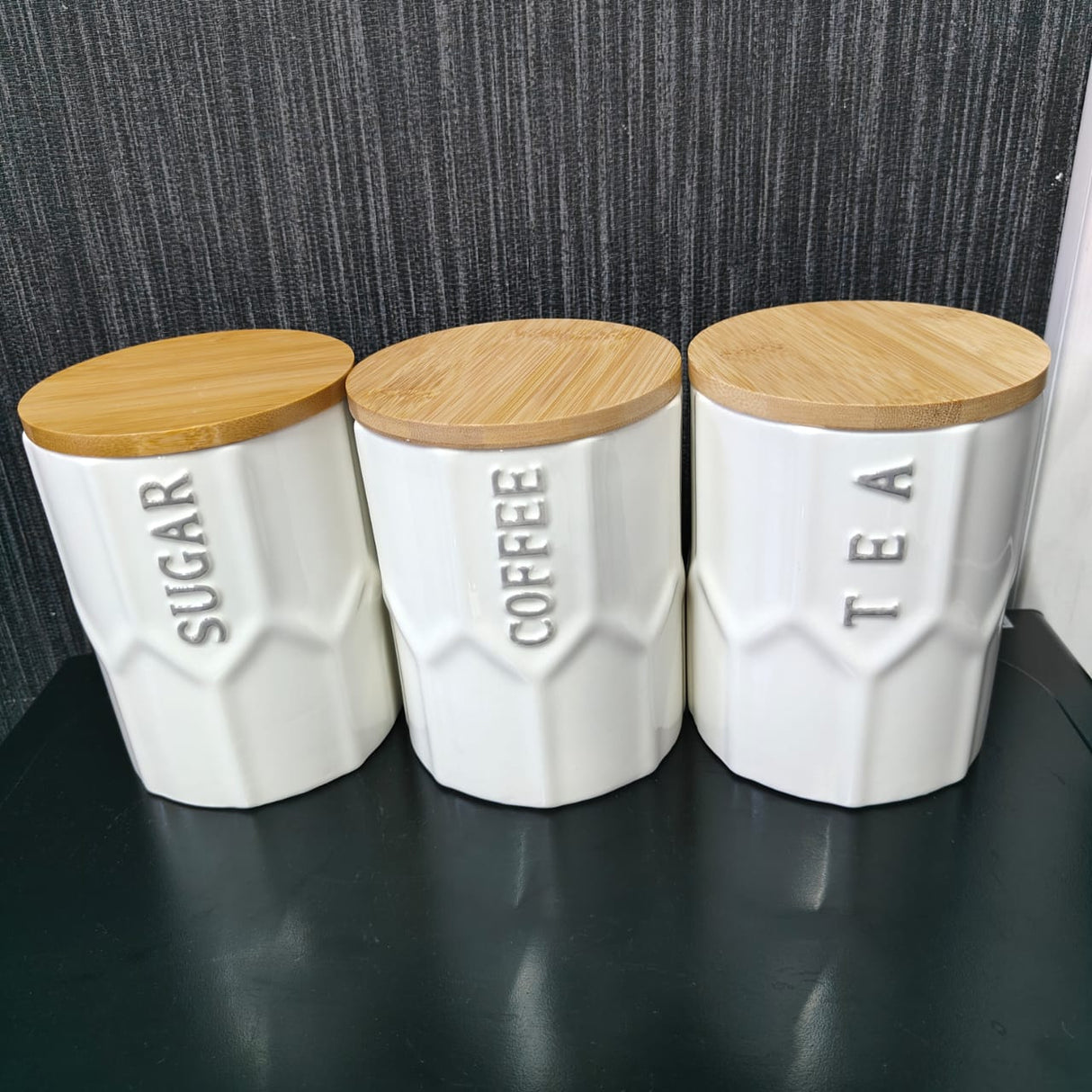 3pcs Ceramic Canisters with Bamboo Tray – Airtight 500g Storage Jars