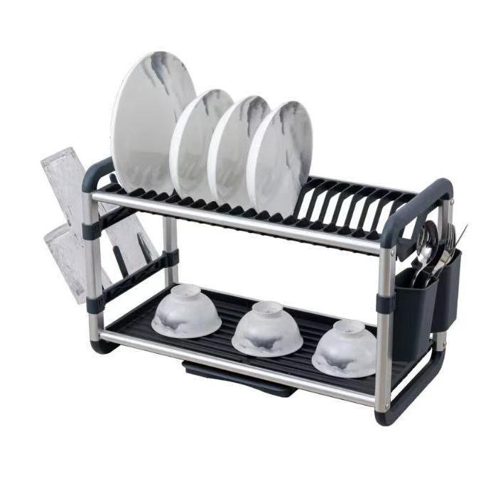 2 Tier Aluminium Dish Drying Rack – With Drainer Board, Utensil and Cup Holder Dish Racks