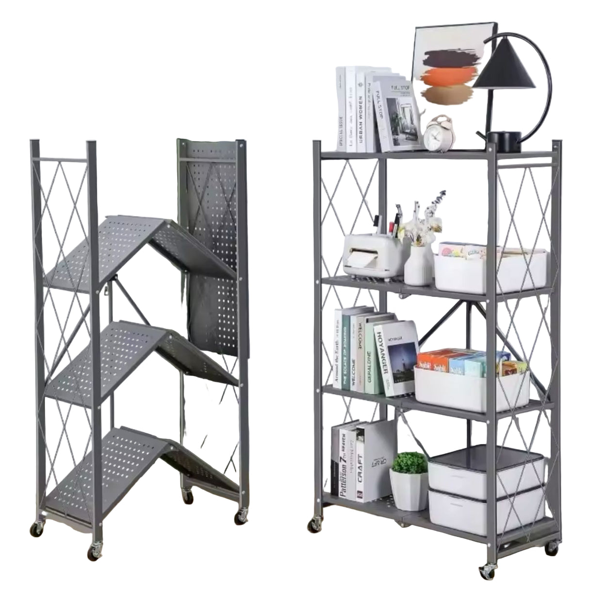 4-Tier Foldable Multipurpose Metal Rack with Shelves and Wheels