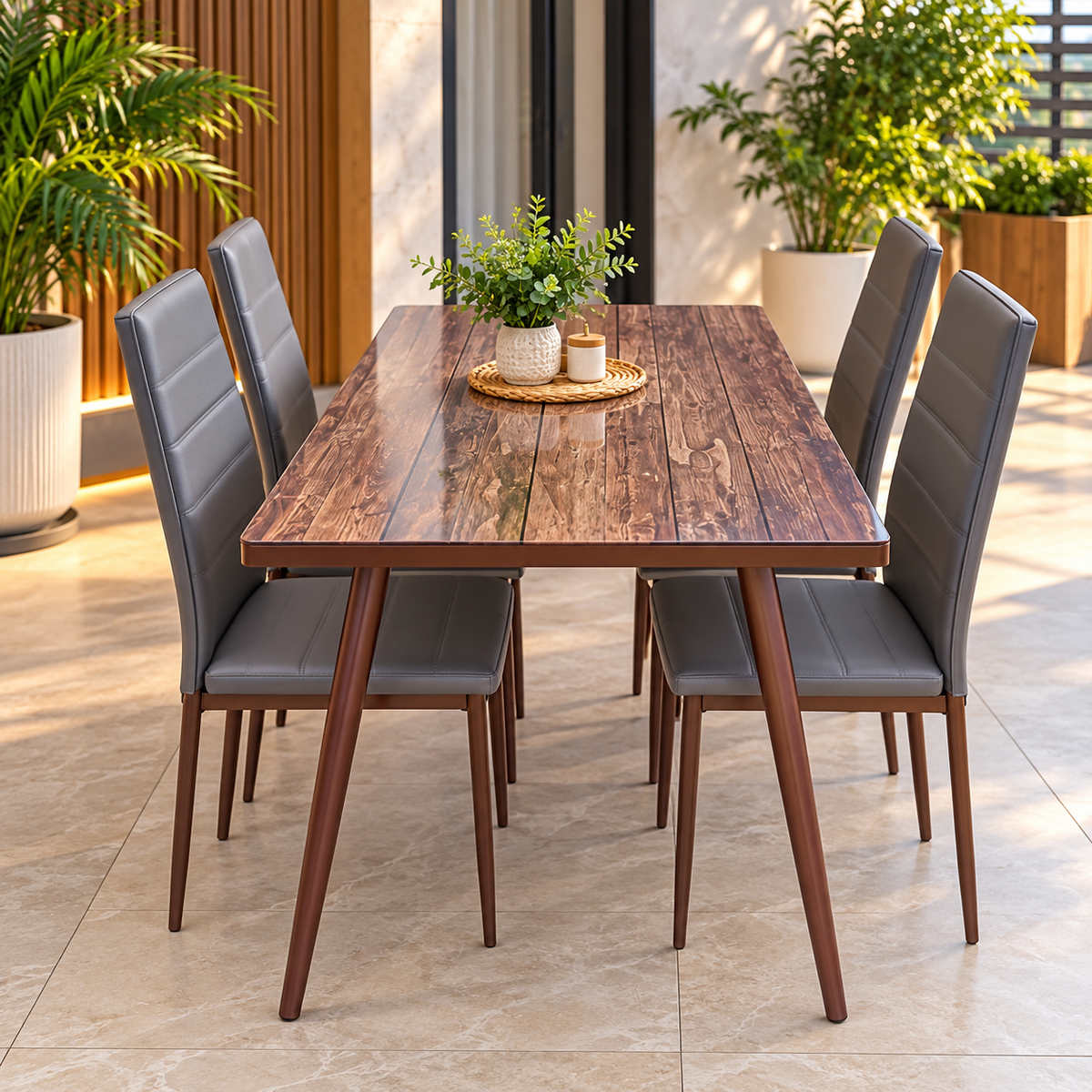 Wood-Print Glass Top Dining Table With 4 Seats Dining Table Dining Tables