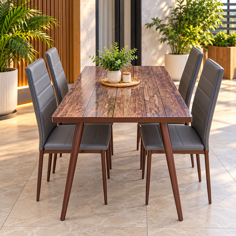 Wood-Print Glass Top Dining Table With 4 Seats Dining Table Dining Tables