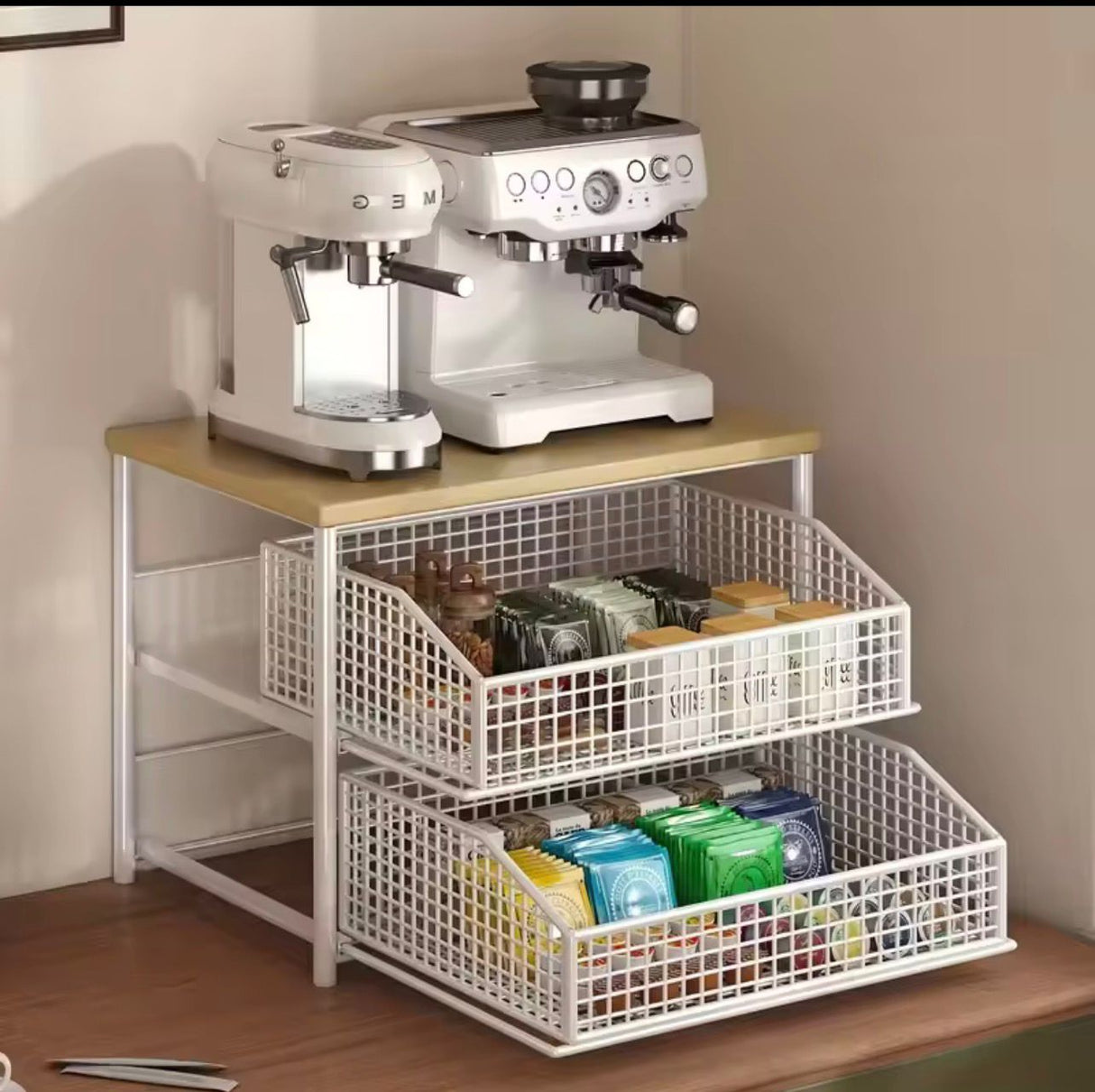 Space Saving Kitchen Countertop Storage Rack with Drawers and Metal Baskets